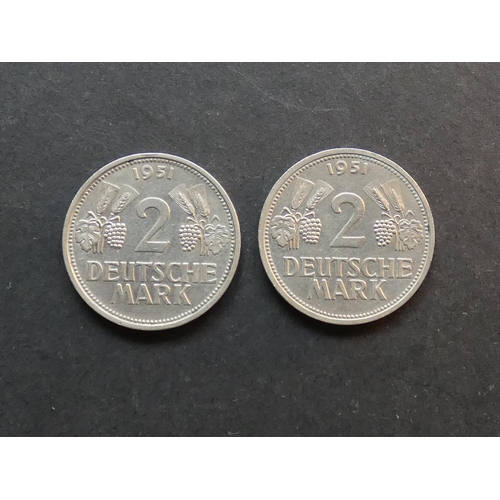 240 - GERMANY.  Federal Republic (West Germany).  2 Deutschmark, 1951D & 1951F, KM111, VF to GVF  (2)