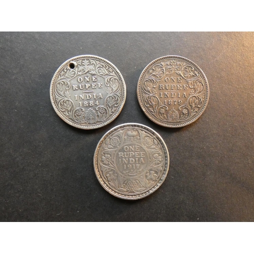 367 - INDIA.  British.  1 Rupee x3; 1879(b), dot above bottom flower, bust A, reverse II, 30.8mm, plus 188... 