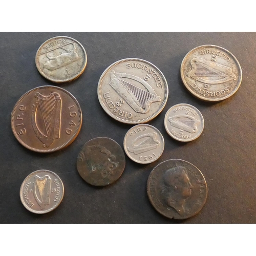 369 - IRELAND.  ¼d (1760), ½d (1723, Wood’s HIBERNIA issue), 1d (1949), 3d (1928x2 & 1953), 1/- (1928), 2/... 