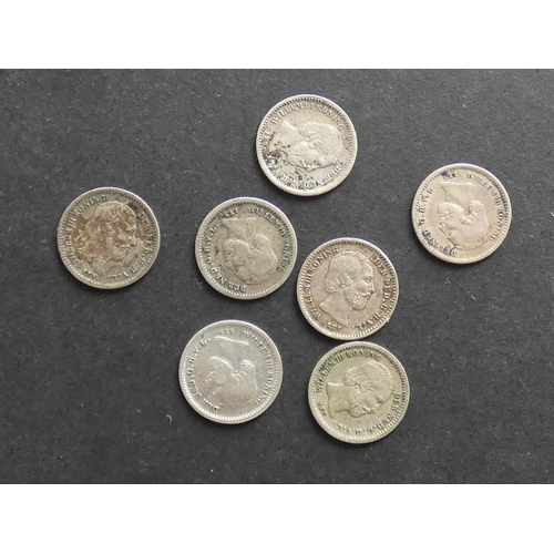 390 - NETHERLANDS.  5 Cents, KM91; 1850, 1855, 1859, 1862, 1863, 1869 & 1879.  Mixed grades and condition,... 