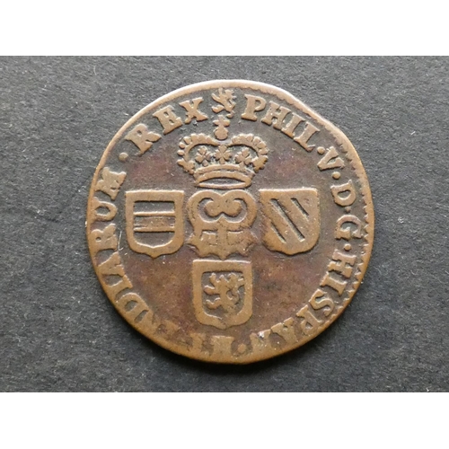 462 - SPANISH NETHERLANDS.  1 Liard, 1710, date divided by shield, reverse legend begins at upper right, K... 