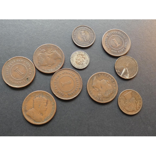 465 - STRAITS SETTLEMENTS.  ½ Cent (1884 x3, one slightly bent), 1c (1873 eks & holed, 1874H, 1875, 1875w,... 
