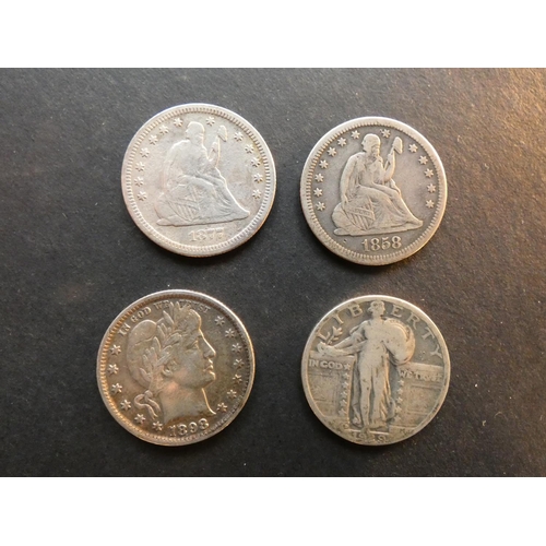 487 - UNITED STATES OF AMERICA.  25 Cents; 1858, 1877S cleaned, 1898 and 1929D, Good to GF  (4)