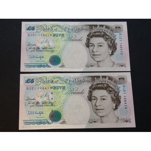 60 - GREAT BRITAIN - BANK OF ENGLAND. £5, sign. KENTFIELD, Dug.B364 (BE121c), consecutive pair, BJ21 1464... 