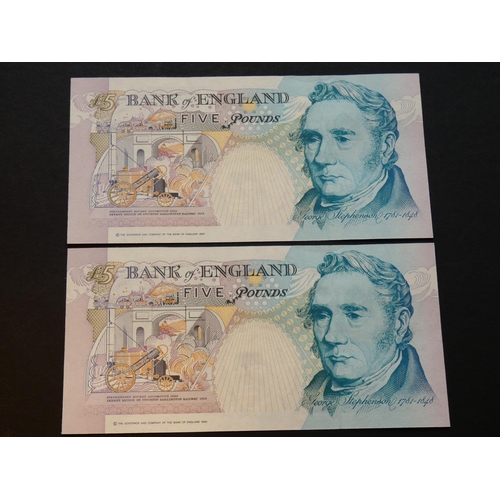 60 - GREAT BRITAIN - BANK OF ENGLAND. £5, sign. KENTFIELD, Dug.B364 (BE121c), consecutive pair, BJ21 1464... 