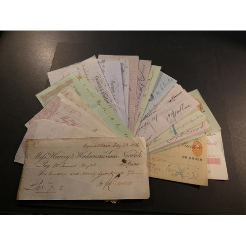 73 - CHEQUES. Norfolk interest, all different. Cheques x23, including EAST OF ENGLAND BANK, Norwich, 