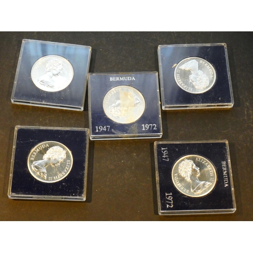 198 - BERMUDA.  5x silver $1, 1972, silver wedding of Elizabeth II & Prince Philip, KM22, AUNC to UNC, lig... 