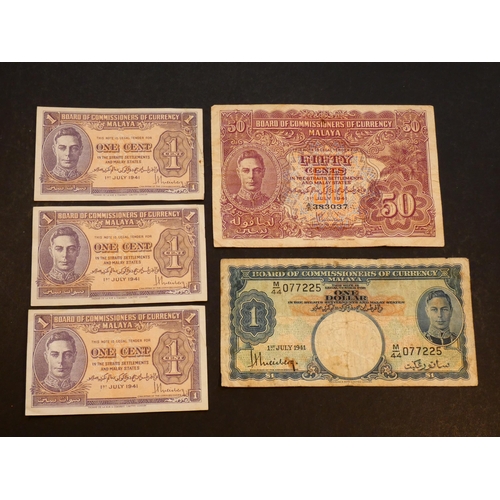 31 - MALAYA.  1 Cent, 1.7.1941(1945), P-6 x3.  50c, 1.7.1941(1945), P-10b and 1 Dollar, 1.7.1941(1945), P... 