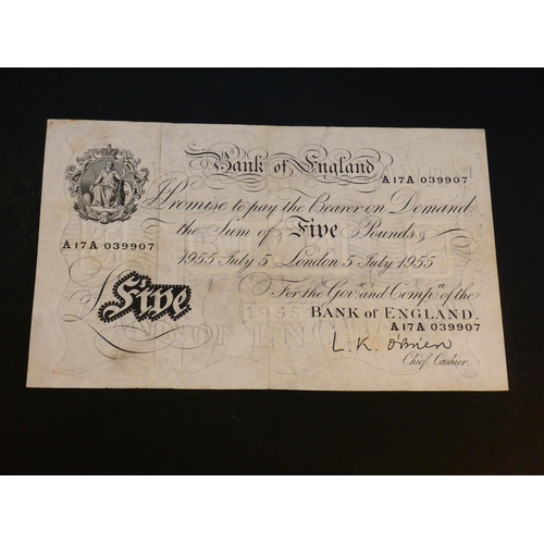 66 - BANK OF ENGLAND. 5 Pounds.  Sign. O'BRIEN, Dug.B276 (BE96a), first series, serial number A17A 039907... 