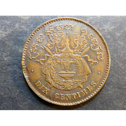 145 - CAMBODIA.  French protectorate, 10 Centimes, 1860, medallic issue, KM43.1, Bruce-XM3, F, die crack, ... 