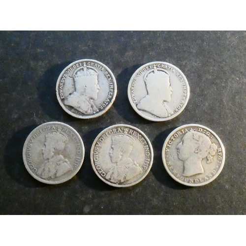 146 - CANADA.  25 Cents (1904, 1910, 1914 & 1933), plus Newfoundland, 20 Cents, 1900.  NVG, worn to VG  (5... 