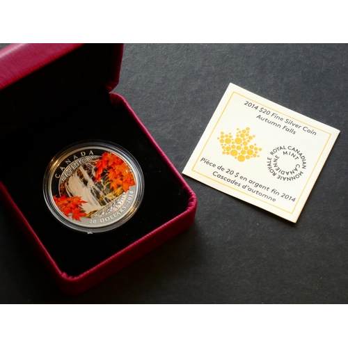 149 - CANADA.  $20, 2014, “Autumn Falls”, 1oz silver Proof with multicolour appliqué, KM1732, NFDC, in cas... 