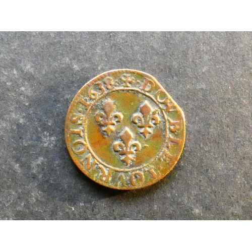 169 - FRANCE.  Double Tournois, 1638, beaded circle on obverse, Troyes mint, strike mark sunburst followed... 