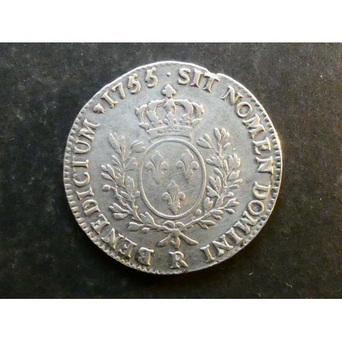 174 - FRANCE.  Silver Ecu, 28.85g, 1755R, Orleans mint, mintmark dog running right, KM512.18, VG+/NF, smal... 