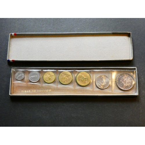 177 - FRANCE.  FDC UNC set, 1964, 1 Centime to silver 5 Francs (7 coins), in original box.  Marks & toning... 