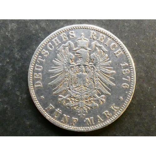 186 - GERMAN STATES.  Prussia, silver 5 Mark, 1876A, Berlin mint, KM503, NF, light scratches, cleaned.