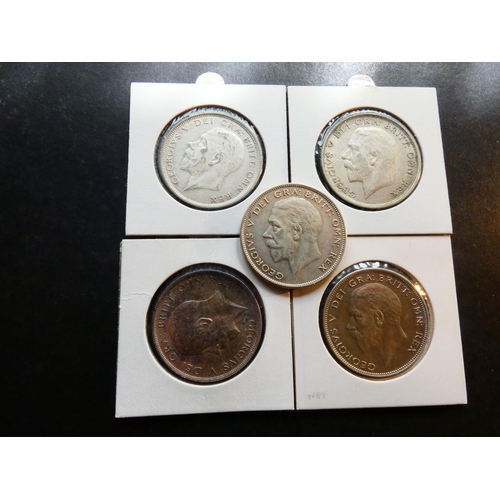 228 - UNITED KINGDOM. Halfcrown.  1914, 1921, 1927 (3rd coinage), 1929 and 1931, VF to NEF  (5)