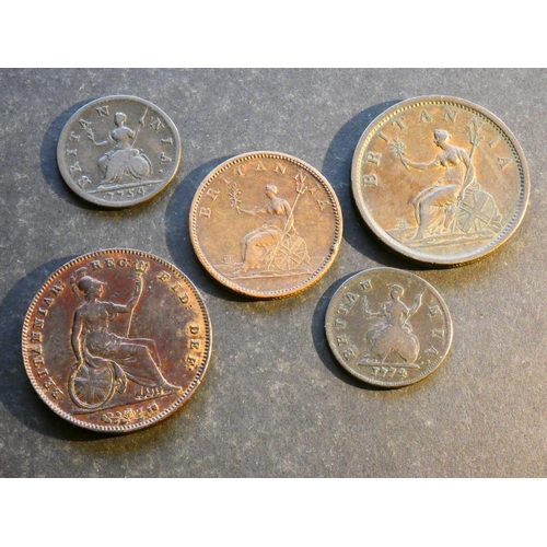 330 - UNITED KINGDOM. Various.  Farthing (1754, 1774), Halfpenny (1806) and Penny (1807, 1854 plain triden... 