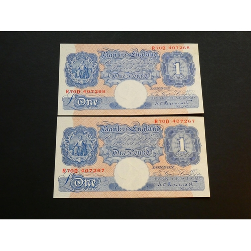 37 - GREAT BRITAIN – BANK OF ENGLAND.  1 Pound.  Sign. PEPPIATT, B249 (BE47D), consecutive pair, R70D 407... 