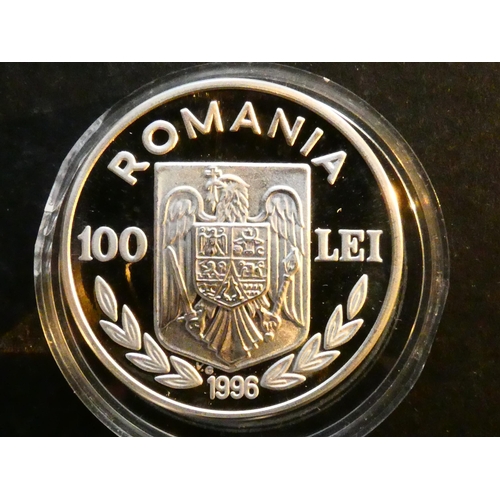 390 - ROMANIA.  100 Lei, 1996, European Football Championships, KM119, silver Proof with added colour.  UN... 