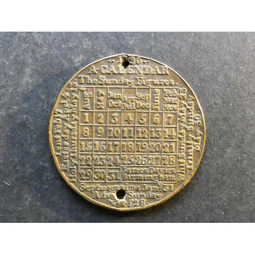 442 - CALENDAR MEDAL.  1790, by James Davies,  obverse; A CALENDAR FOR 1790, reverse; table of dates for n... 