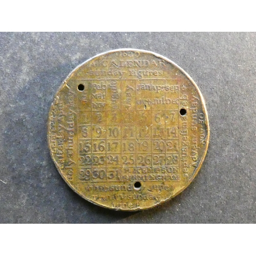 444 - CALENDAR MEDAL.  1800, by Peter Kempson,  obverse; 1800 A CALENDAR SUNDAY FIGURES, reverse; table of... 