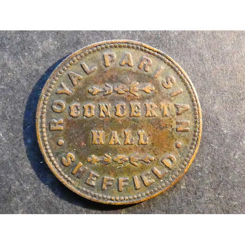 483 - INN & REFRESHEMENT TOKENS.  Yorkshire, obverse; ROYAL PARISIAN CONCERT HALL SHEFFIELD, reverse; CHEC... 