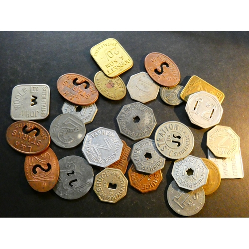 486 - MARKET TOKENS.  Spitalfields, various, including W. Bruce (5/-, 10/-), Dorsett & Son (10/-, 20/- x2)... 