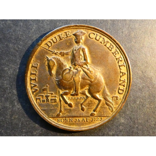 501 - MEDALLIONS – NATIONAL & LOCAL.  1746, Battle of Culloden, obverse; WILL: DUKE CUMBERLAND, duke on ho... 