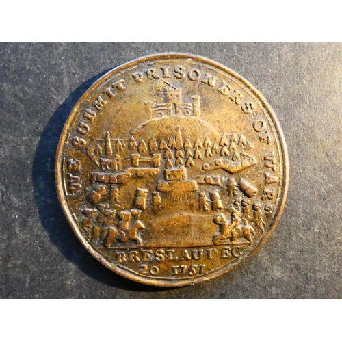 502 - MEDALLIONS – NATIONAL & LOCAL.  1757, battle of Rosbach and surrender of Breslau, obverse; FREDERIC ... 