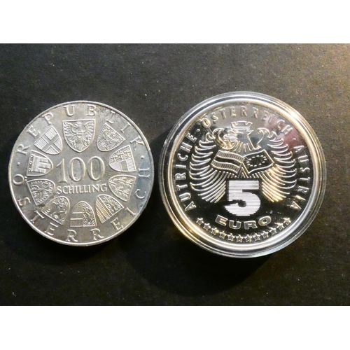 17 - COINS - AUSTRIA.  Silver 100 Schilling, 1976, bicentenary of Burgtheater, KM2930, EF and 5 Euro, 199... 