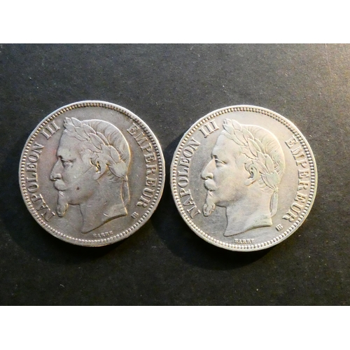 30 - COINS - FRANCE.  Napoleon III (1852-1870), silver 5 Francs, 1968 BB, Strasbourg mint, KM799.2, F, & ... 