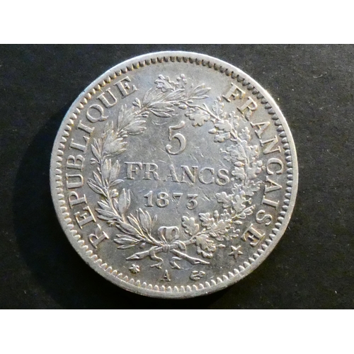31 - COINS - FRANCE.  Third Republic (1870-1940), silver 5 Francs, 1873A, Paris mint, KM820.1, GF, contac... 