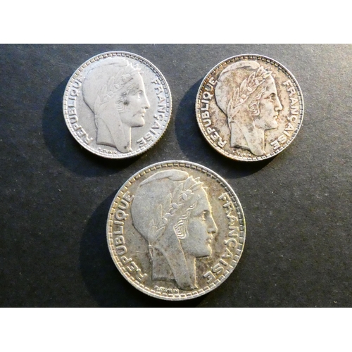 32 - COINS - FRANCE.  Third Republic (1870-1940), silver 10 Francs, KM878, 1932, GF & 1938, F, plus 20 Fr... 