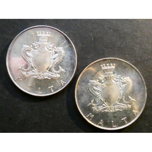 47 - COINS - MALTA.  Silver 1 Pound, 1972, Manwel Dimech, KM13, AUNC, and silver 1 Pound, 1973, Temi Zamm... 