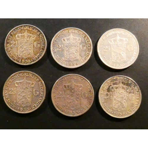 50 - COINS - NETHERLANDS.  Wilhelmina I (1890-1948), 6x silver 2½ Gulden, including 1930, 1932 (normal ha... 
