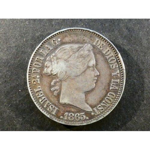 53 - COINS - PHILIPPINES.  Isabella II of Spain (1833-1868), silver 50 Centimos de Peso, 1865, KM147, F.