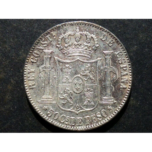 54 - COINS - PHILIPPINES.  Alfonso XII (1874-1885), silver 50 Centimos de Peso, 1885, KM150, VF+/GVF.