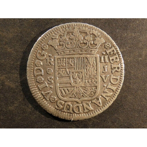 59 - COINS - SPAIN. Fernando VI (1746-1759), silver 2 Reales, 1757 S-JV, Seville mint, Jose de Villavicio... 