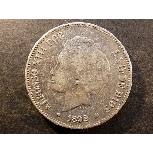62 - COINS - SPAIN. Alfonso XIII (1886-1931), silver 5 Pesetas, 1892 (92) P.G.-M, Madrid mint, KM700, VG/... 
