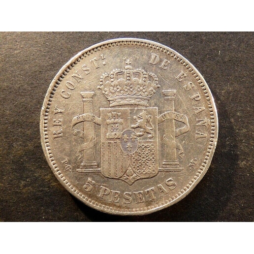 62 - COINS - SPAIN. Alfonso XIII (1886-1931), silver 5 Pesetas, 1892 (92) P.G.-M, Madrid mint, KM700, VG/... 