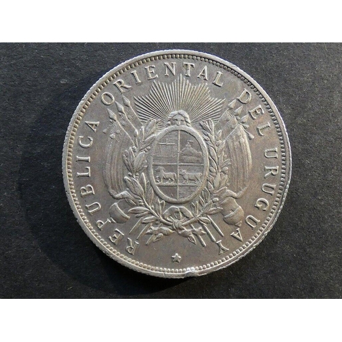 66 - COINS - URUGUAY.  Silver 1 Peso, 1893, round-topped 3, no mintmark, KM17a, VF, eks, light scratches.