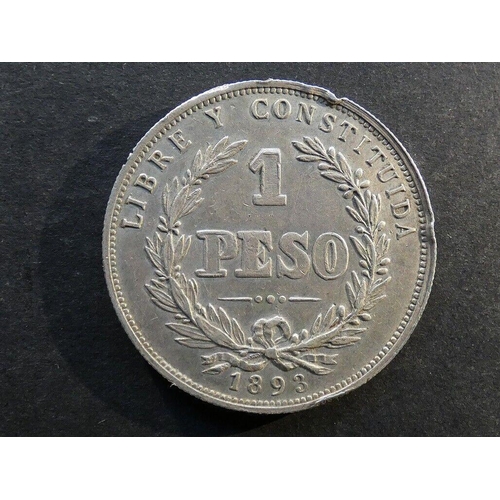 66 - COINS - URUGUAY.  Silver 1 Peso, 1893, round-topped 3, no mintmark, KM17a, VF, eks, light scratches.