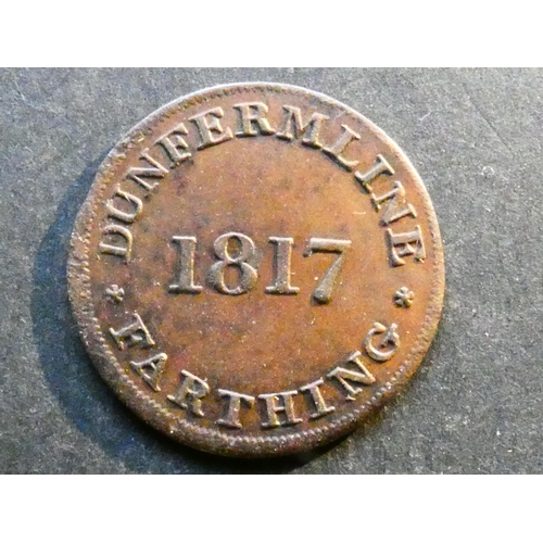77 - TOKENS - 19th CENTURY.  Scotland, Fife, Dunfermline, Farthing, obverse; J. KIRK MERCHT HIGH STREET, ... 