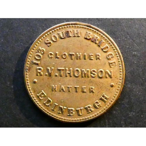 78 - TOKENS - 19th CENTURY.  Scotland, Lothian, Farthing, obverse; 103 SOUTH BRIDGE EDINBURGH, CLOTHIER R... 