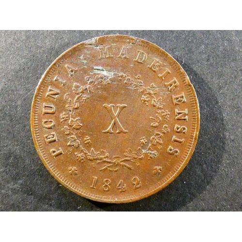 332 - MADEIRA.  10 Reis, 1842, KM2, GVF, flan flaws, small eks.