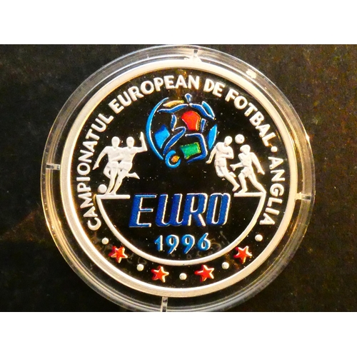 355 - ROMANIA.  100 Lei, 1996, European Football Championships, KM119, silver Proof with added colour.  UN... 