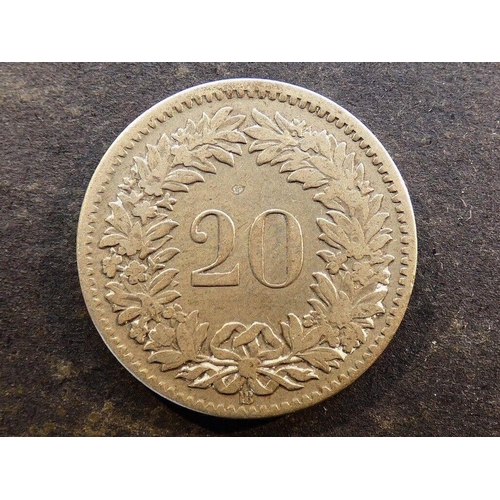 378 - SWITZERLAND.  20 Rappen, 1851BB, Strasbourg mint, KM7, VG/VG+