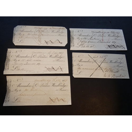 92 - CHEQUES.  ALEXANDERS & Co. BANKERS, WOODBRIDGE (Suffolk); 4.3.1835, 13.2.1837, 14.2.1837, 25.2.1837 ... 