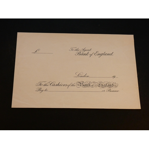 94 - CHEQUE.  Proof cheque, “£___ TO THE AGENT BANK OF ENGLAND LONDON, ___ 19___ TO THE CASHIERS OF THE B... 